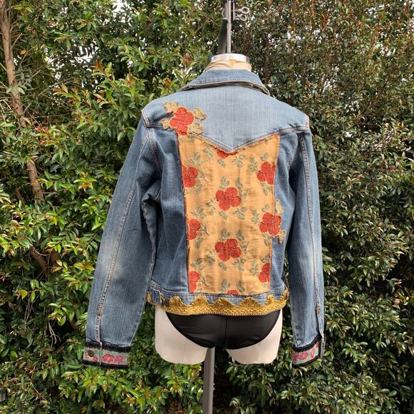 Vintage Handmade Floral Embellished Women’s Denim Blue Jean Jacket 90s - Picture 2 of 10
